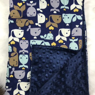 Cotton and Minky Blanket - Whales with Navy Dimple Dot