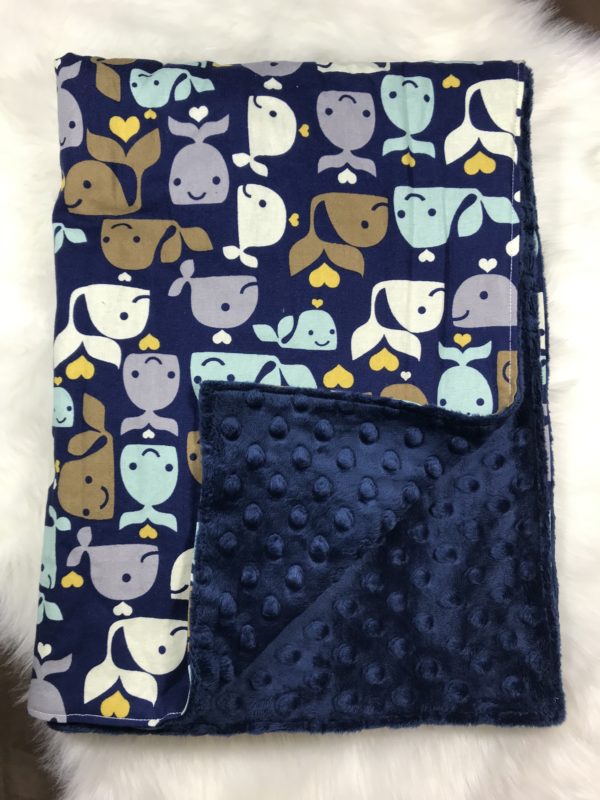 Cotton and Minky Blanket - Whales with Navy Dimple Dot
