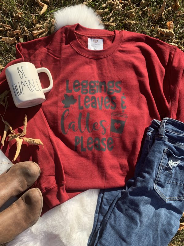 Ladies Crew Neck Sweatshirt - Leggings, Leaves and Lattes