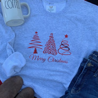 Ladies Crew Neck Sweatshirt - metallic Merry Christmas trees